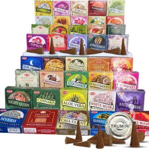 Hem Incense Cones Variety Pack of 12 Randomly Selected Fragrances and Incense Cone Holder Bundle Total 120 Cones